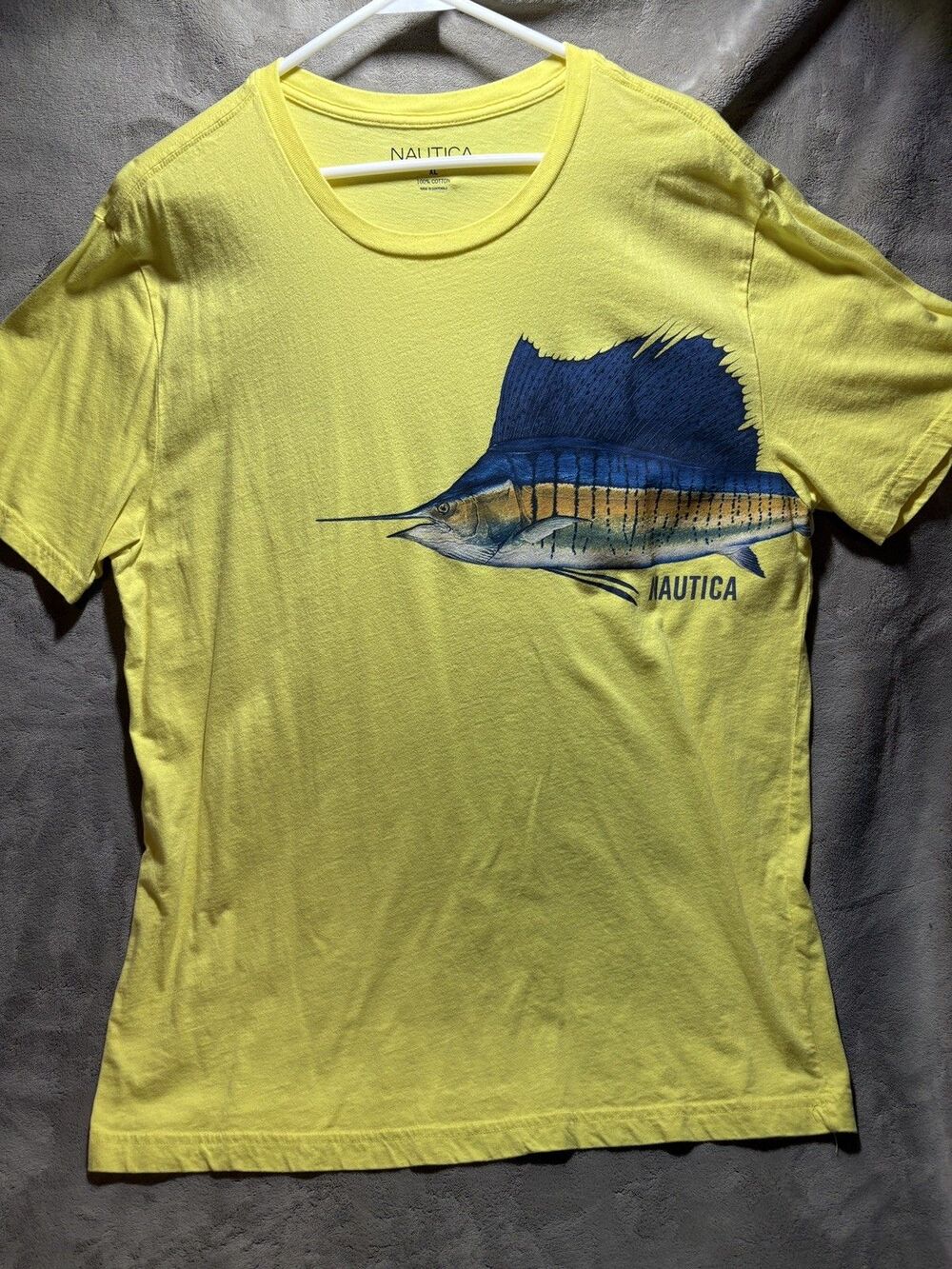 Nautica Pacific Sailfish wrap around design tshirt,yellow,XL ,new condition